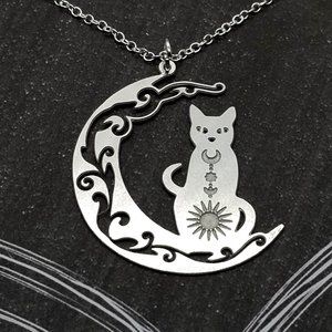 Filigree Crescent Moon & Cat Silver Necklace